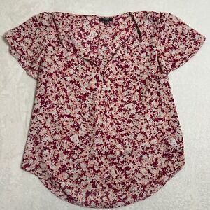 NYDJ Women's S Pink Floral Pintuck Blouse Short Sleeve Henley V-Neck Top Spring